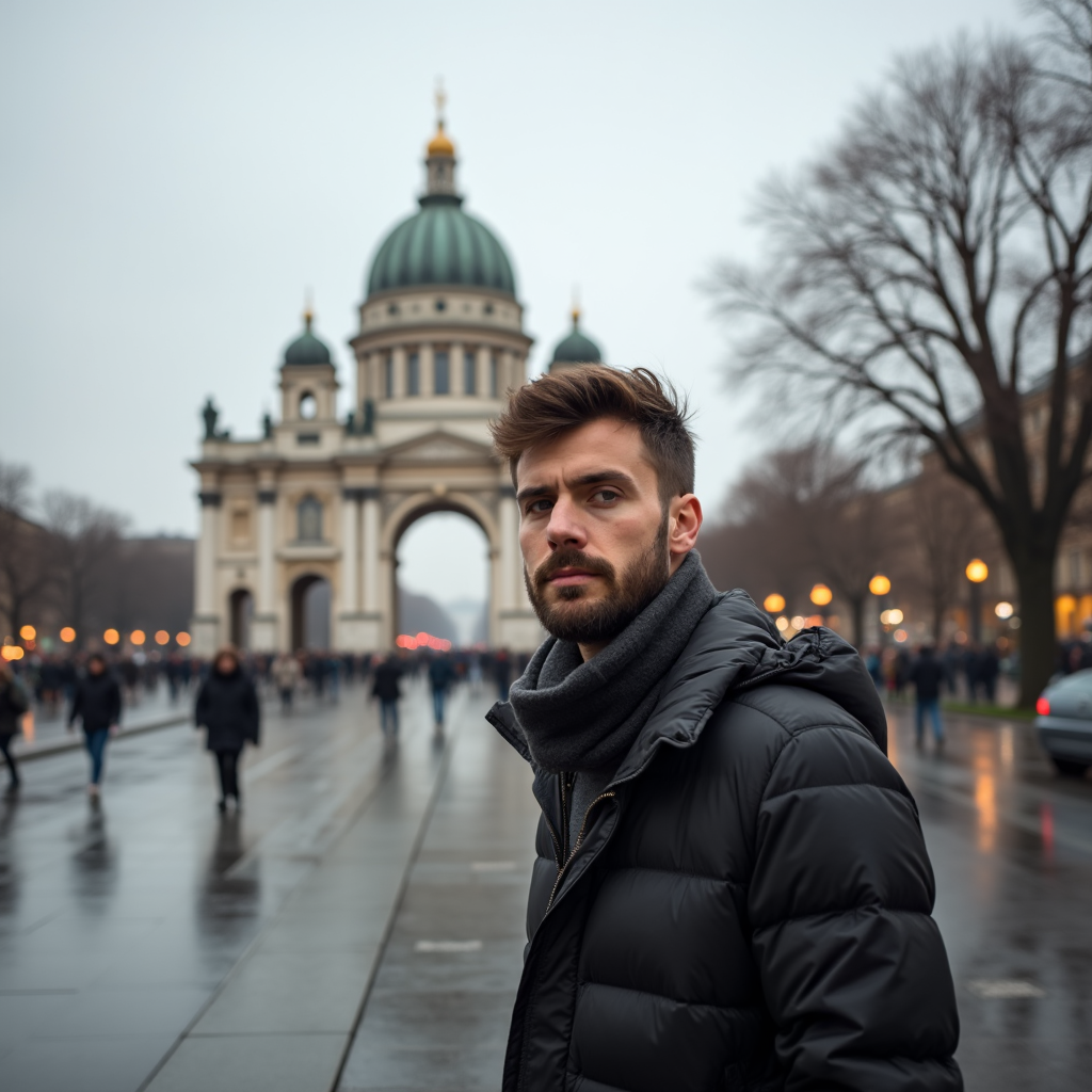 A man in a city in front of a famous monument