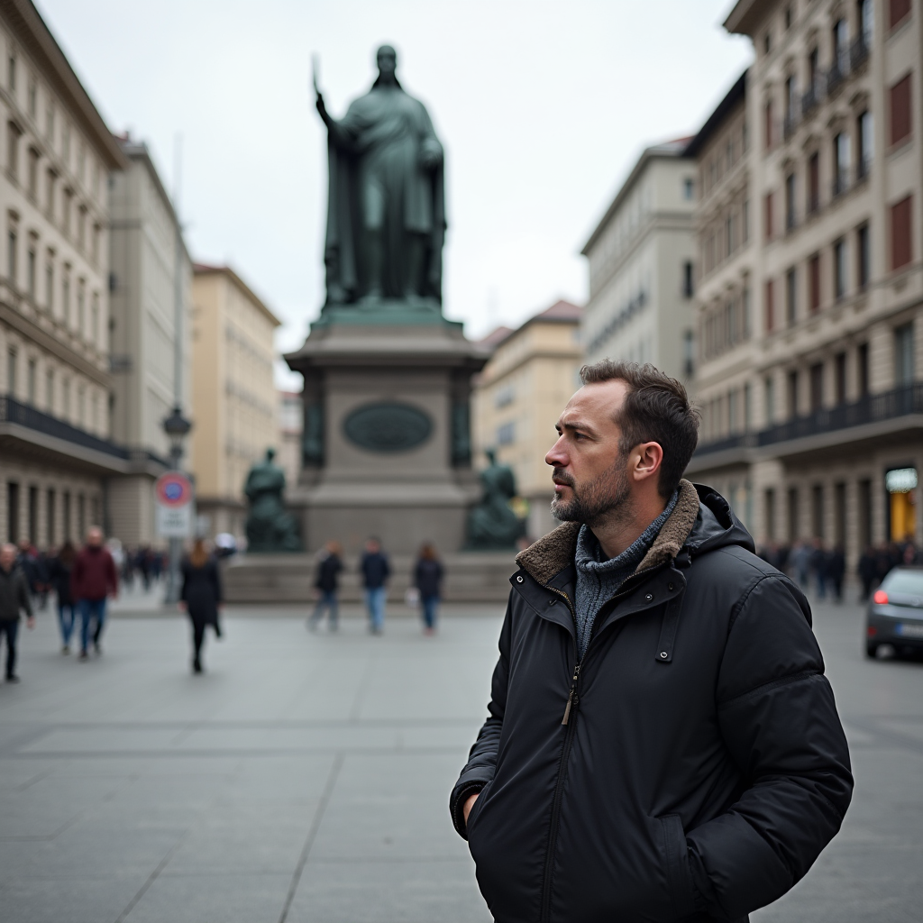 Un hombre en la ciudad frente a un monumento famoso.