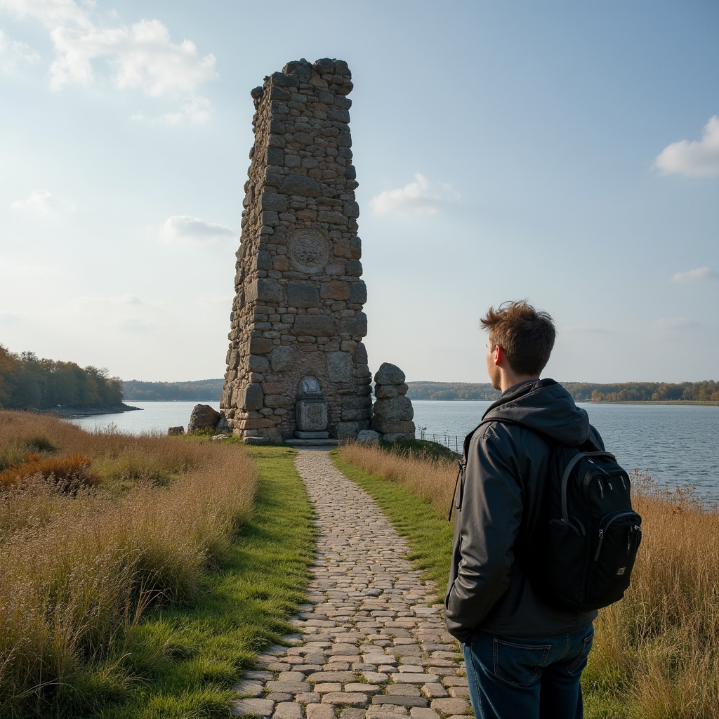 En man i stan framför ett berömt monument