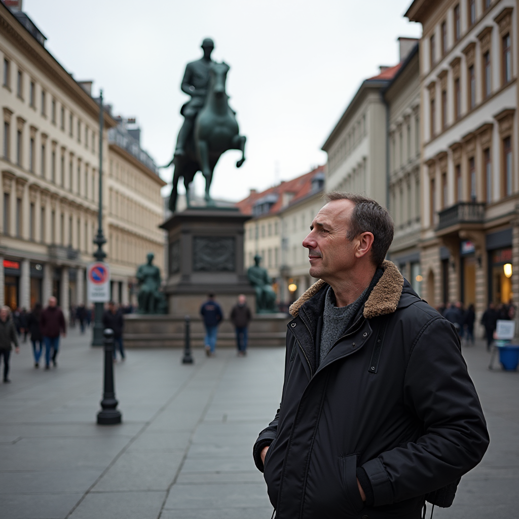 Ein Mann in der Stadt vor einem berühmten Denkmal